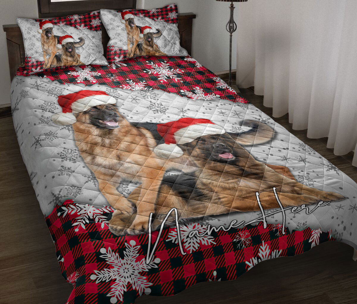 Personalized German Shepherd Quilt Set, Christmas Red Plaid German Shepherd Xmas Quilt Blanket With Pillowcases, Quilt Bedding Set