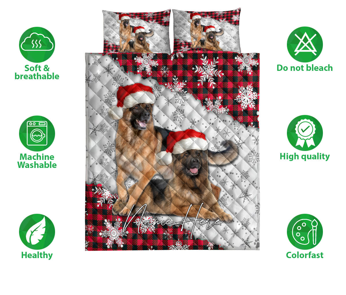 Personalized German Shepherd Quilt Set, Christmas Red Plaid German Shepherd Xmas Quilt Blanket With Pillowcases, Quilt Bedding Set
