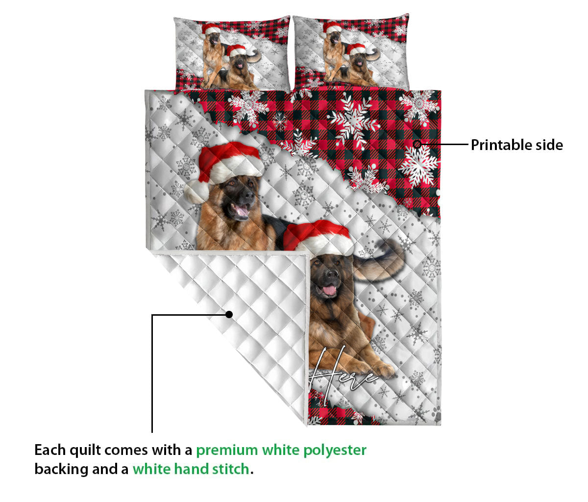Personalized German Shepherd Quilt Set, Christmas Red Plaid German Shepherd Xmas Quilt Blanket With Pillowcases, Quilt Bedding Set