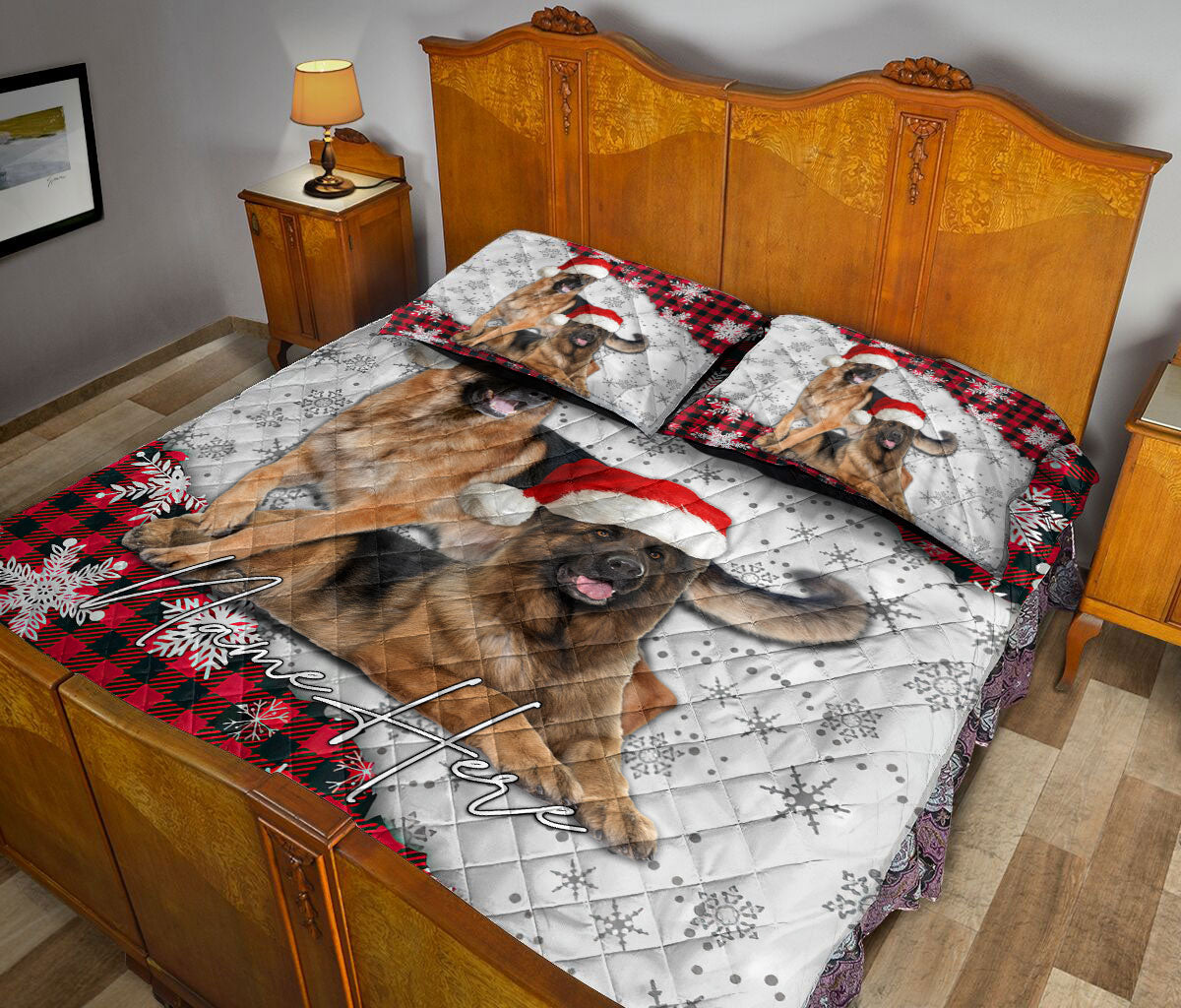 Personalized German Shepherd Quilt Set, Christmas Red Plaid German Shepherd Xmas Quilt Blanket With Pillowcases, Quilt Bedding Set