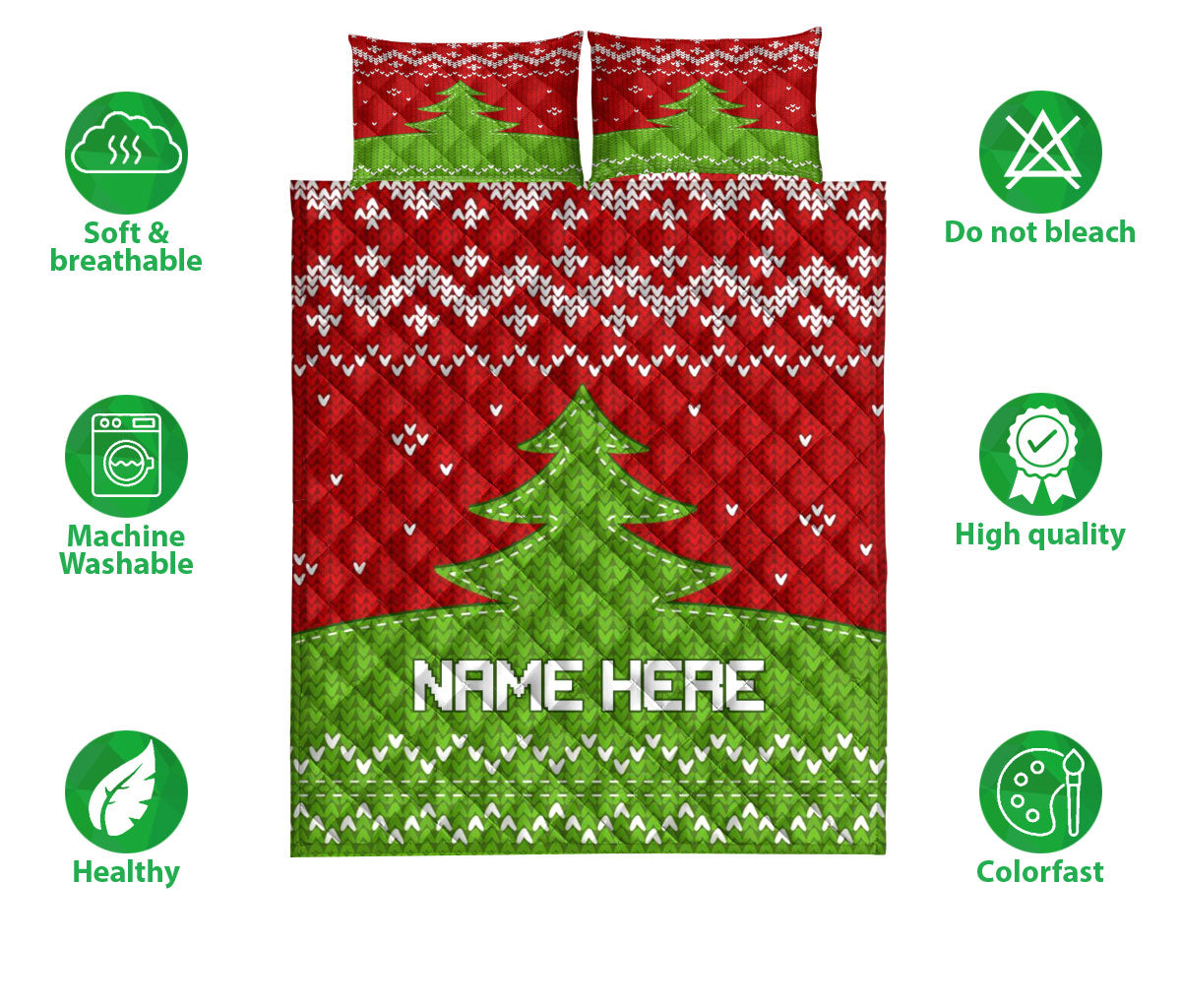 Personalized Christmas Quilt Set, Green Knittedmas Tree Xmas Holiday Quilt Blanket With Pillowcases, Custom Name Quilt Bedding Set, Christmas Gift