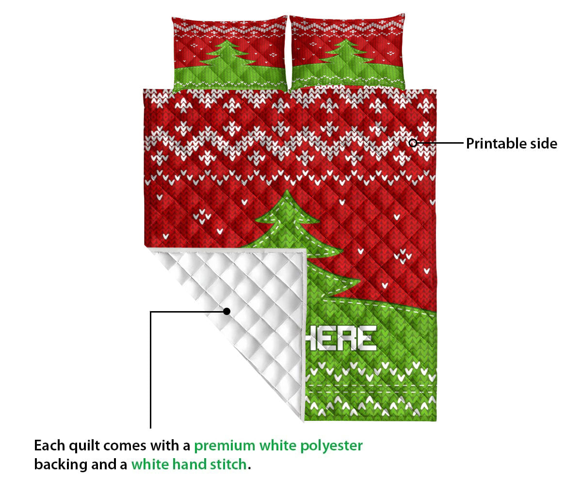 Personalized Christmas Quilt Set, Green Knittedmas Tree Xmas Holiday Quilt Blanket With Pillowcases, Custom Name Quilt Bedding Set, Christmas Gift