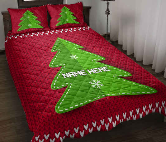 Personalized Christmas Quilt Set, Greenmas Tree Red Knitted Xmas Quilt Blanket With Pillowcases, Custom Name Quilt Bedding Set, Christmas Gift