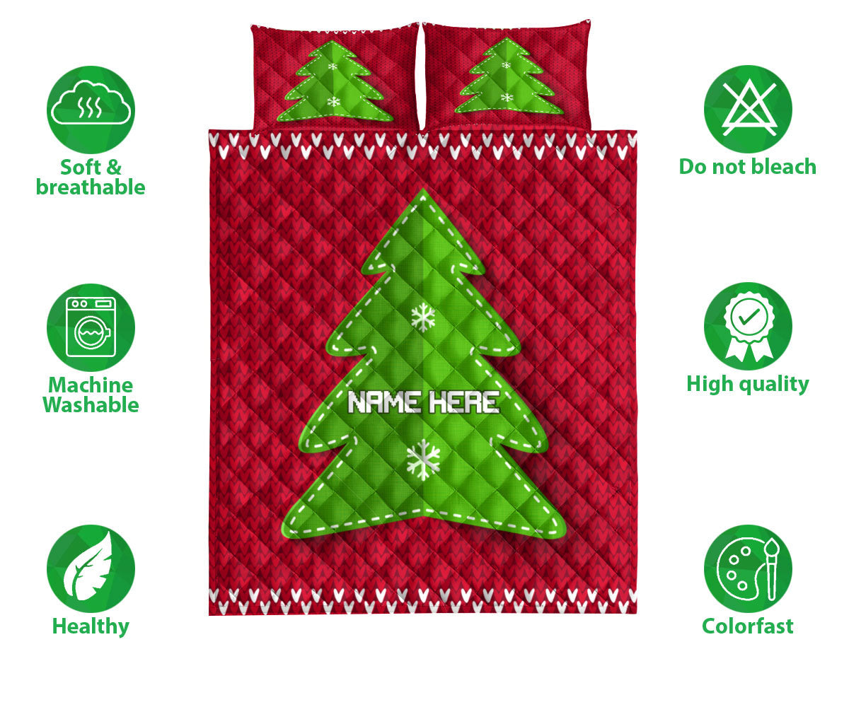 Personalized Christmas Quilt Set, Greenmas Tree Red Knitted Xmas Quilt Blanket With Pillowcases, Custom Name Quilt Bedding Set, Christmas Gift