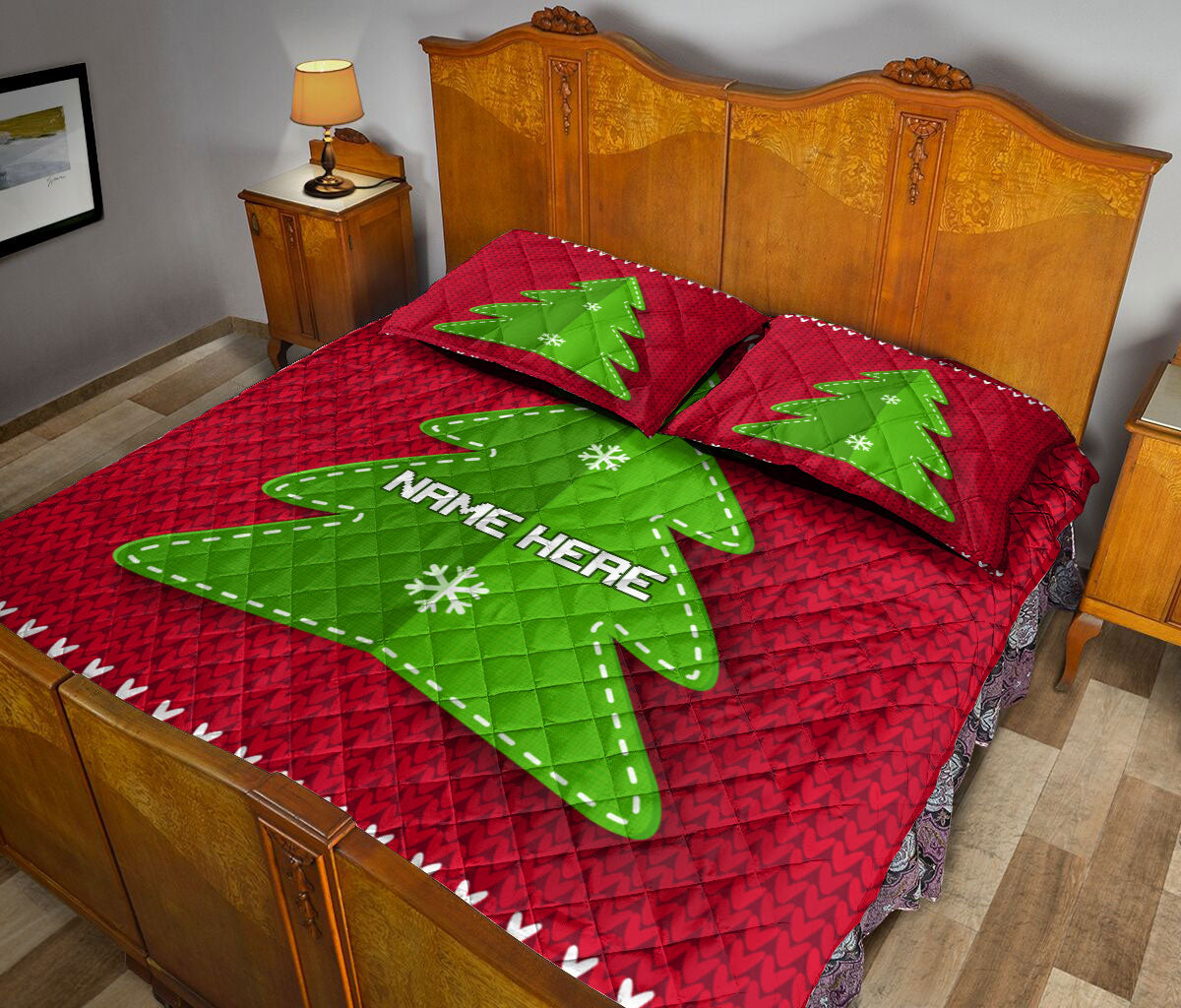 Personalized Christmas Quilt Set, Greenmas Tree Red Knitted Xmas Quilt Blanket With Pillowcases, Custom Name Quilt Bedding Set, Christmas Gift