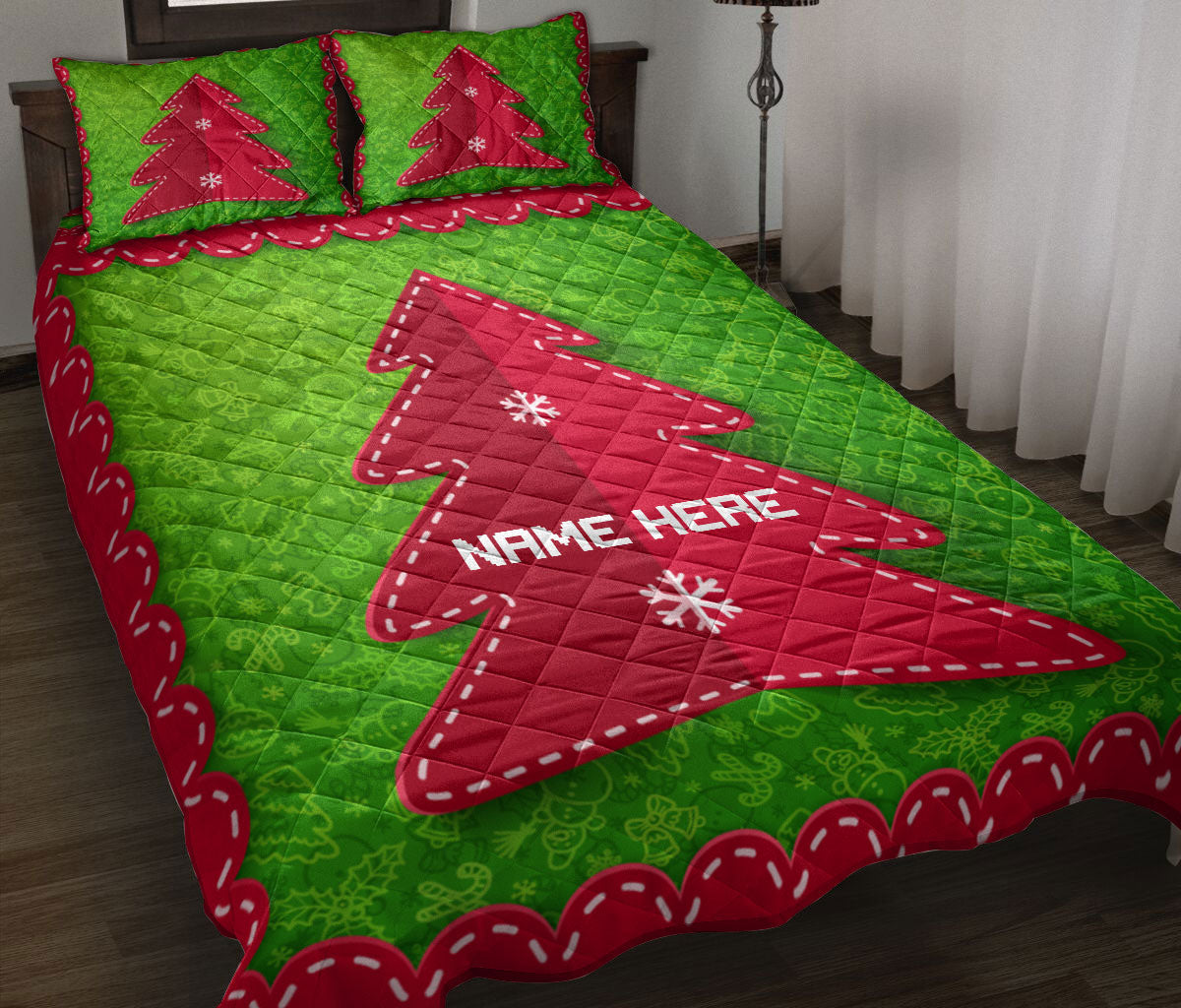 Personalized Christmas Quilt Set, Christmas Tree Red Folded Label Xmas Quilt Blanket With Pillowcases, Custom Name Quilt Bedding Set, Christmas Gift