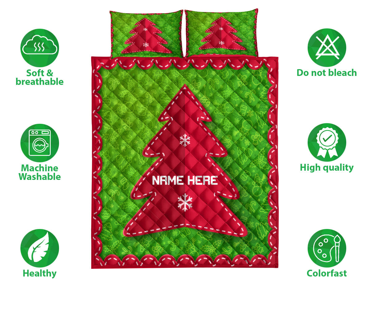 Personalized Christmas Quilt Set, Christmas Tree Red Folded Label Xmas Quilt Blanket With Pillowcases, Custom Name Quilt Bedding Set, Christmas Gift