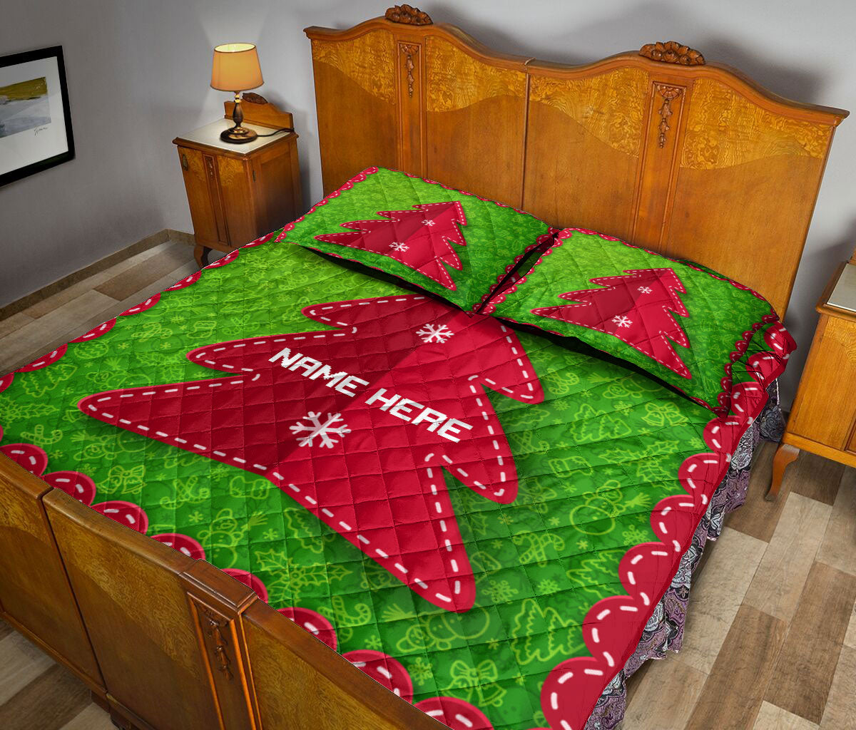 Personalized Christmas Quilt Set, Christmas Tree Red Folded Label Xmas Quilt Blanket With Pillowcases, Custom Name Quilt Bedding Set, Christmas Gift