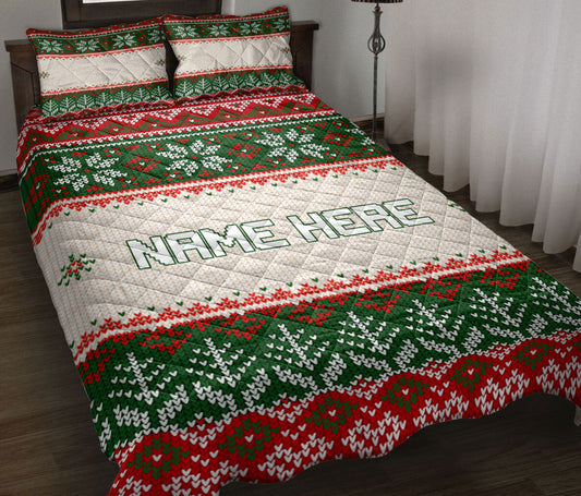Personalized Christmas Quilt Set, Christmas Ugly Sweater Snowflakes Quilt Blanket With Pillowcases, Custom Name Quilt Bedding Set, Christmas Gift