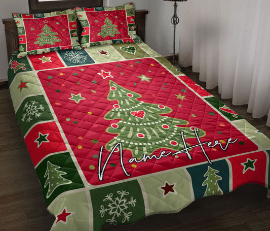 Personalized Christmas Quilt Set, Christmas Patchwork Xmas Tree Winter Quilt Blanket With Pillowcases, Custom Name Quilt Bedding Set, Christmas Gift