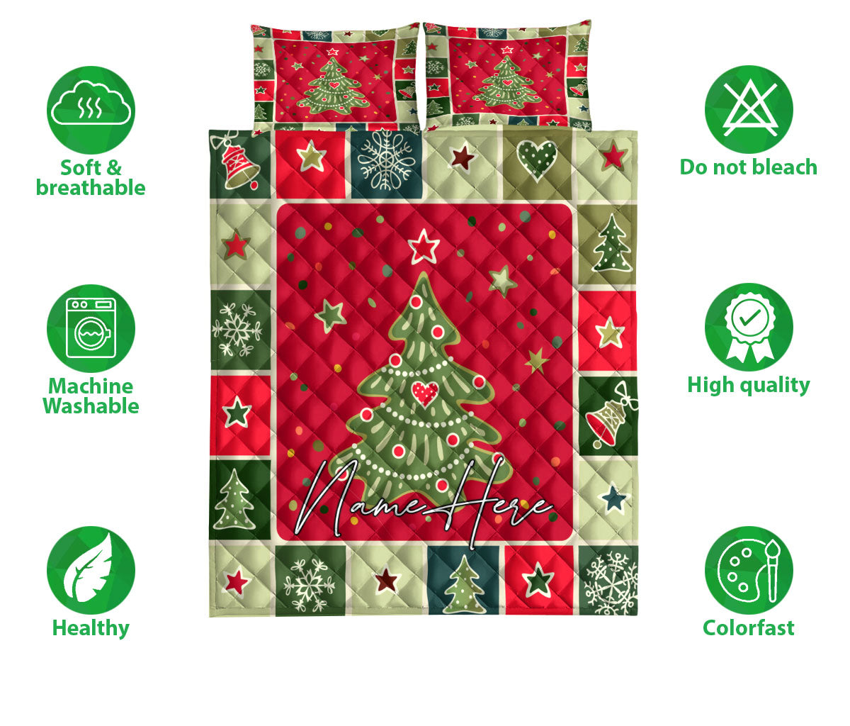 Personalized Christmas Quilt Set, Christmas Patchwork Xmas Tree Winter Quilt Blanket With Pillowcases, Custom Name Quilt Bedding Set, Christmas Gift