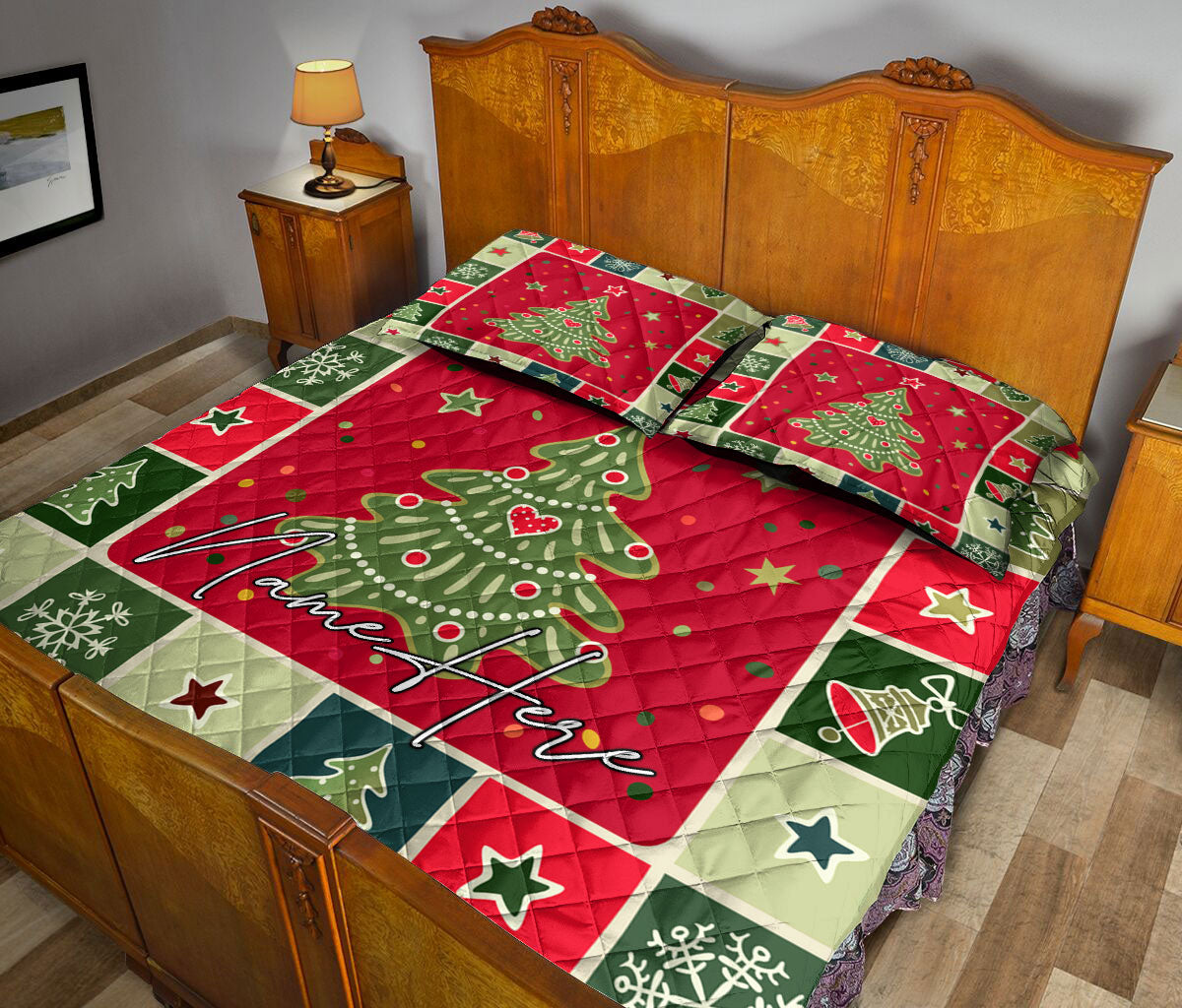 Personalized Christmas Quilt Set, Christmas Patchwork Xmas Tree Winter Quilt Blanket With Pillowcases, Custom Name Quilt Bedding Set, Christmas Gift