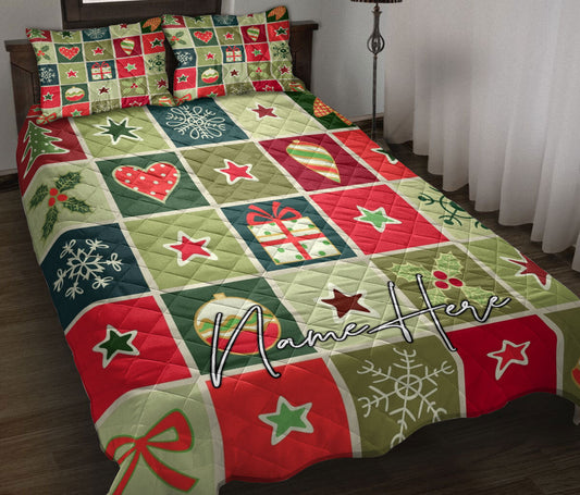 Personalized Christmas Quilt Set, Patchworkmas Xmas Tree Winter Quilt Blanket With Pillowcases, Custom Name Quilt Bedding Set, Christmas Gift