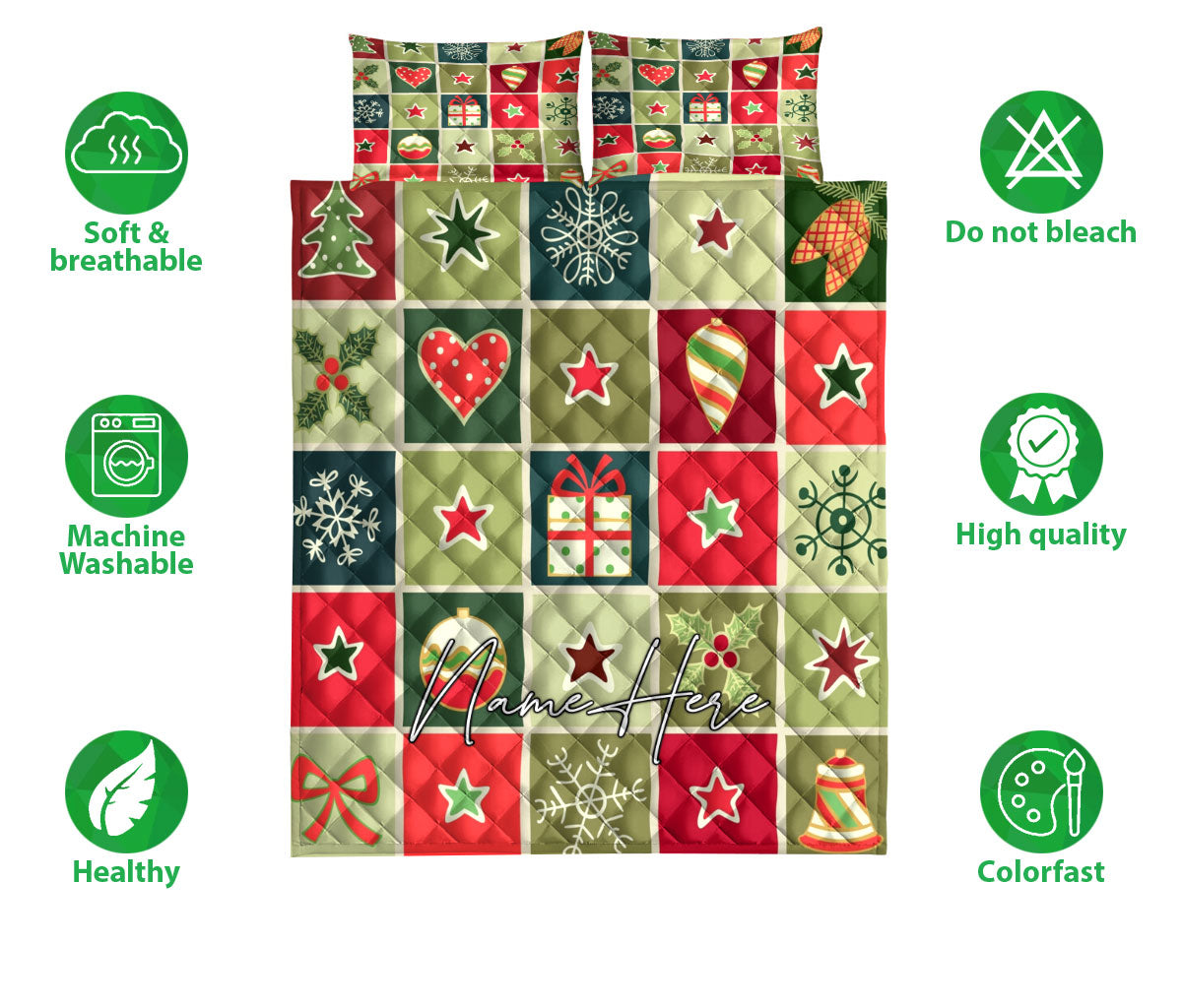 Personalized Christmas Quilt Set, Patchworkmas Xmas Tree Winter Quilt Blanket With Pillowcases, Custom Name Quilt Bedding Set, Christmas Gift