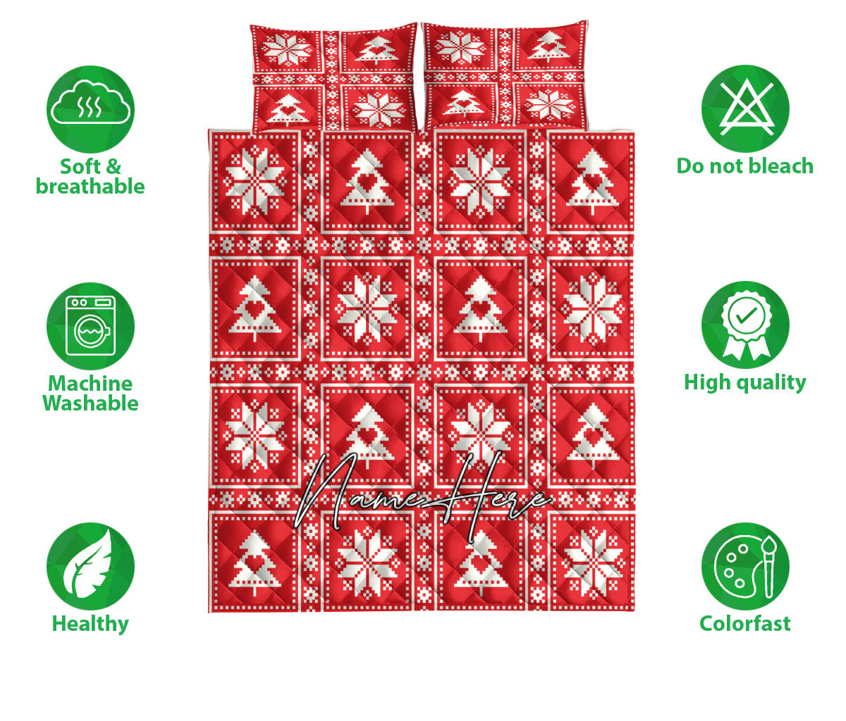 Personalized Christmas Quilt Set, Christmas Pixel Checkered Tree Quilt Blanket With Pillowcases, Custom Name Quilt Bedding Set, Christmas Gift