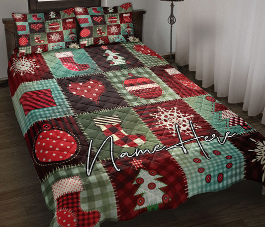 Personalized Christmas Quilt Set, Christmas Patchwork Xmas Winter Quilt Blanket With Pillowcases, Custom Name Quilt Bedding Set, Christmas Gift