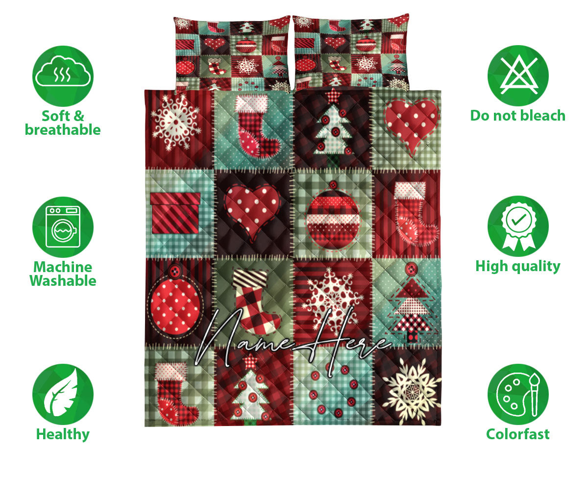 Personalized Christmas Quilt Set, Christmas Patchwork Xmas Winter Quilt Blanket With Pillowcases, Custom Name Quilt Bedding Set, Christmas Gift