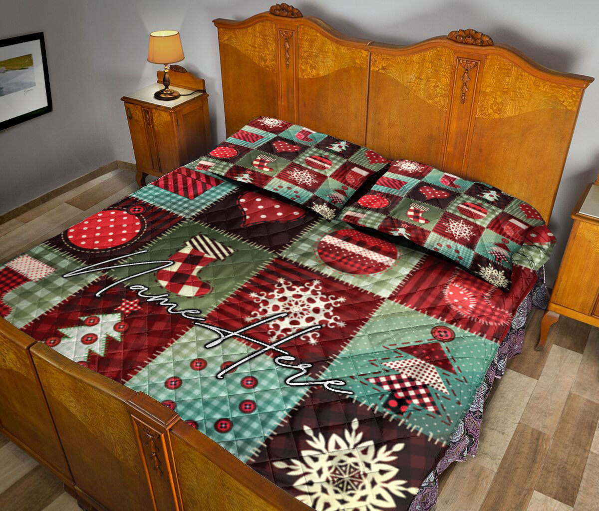 Personalized Christmas Quilt Set, Christmas Patchwork Xmas Winter Quilt Blanket With Pillowcases, Custom Name Quilt Bedding Set, Christmas Gift