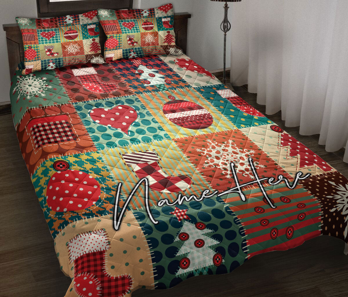 Personalized Christmas Quilt Set, Cozymas Patchwork Xmas Winter Quilt Blanket With Pillowcases, Custom Name Quilt Bedding Set, Christmas Gift