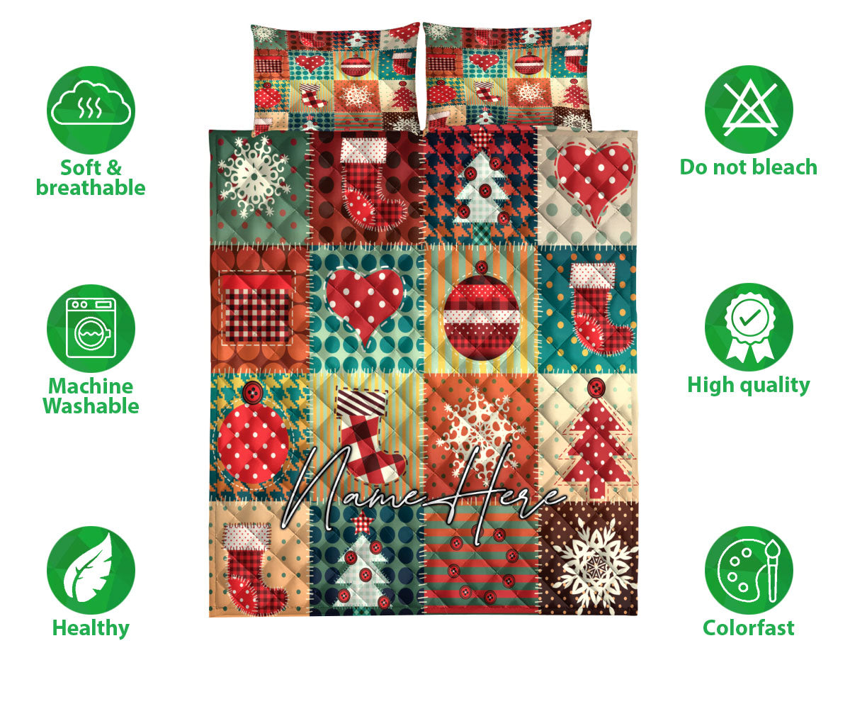 Personalized Christmas Quilt Set, Cozymas Patchwork Xmas Winter Quilt Blanket With Pillowcases, Custom Name Quilt Bedding Set, Christmas Gift