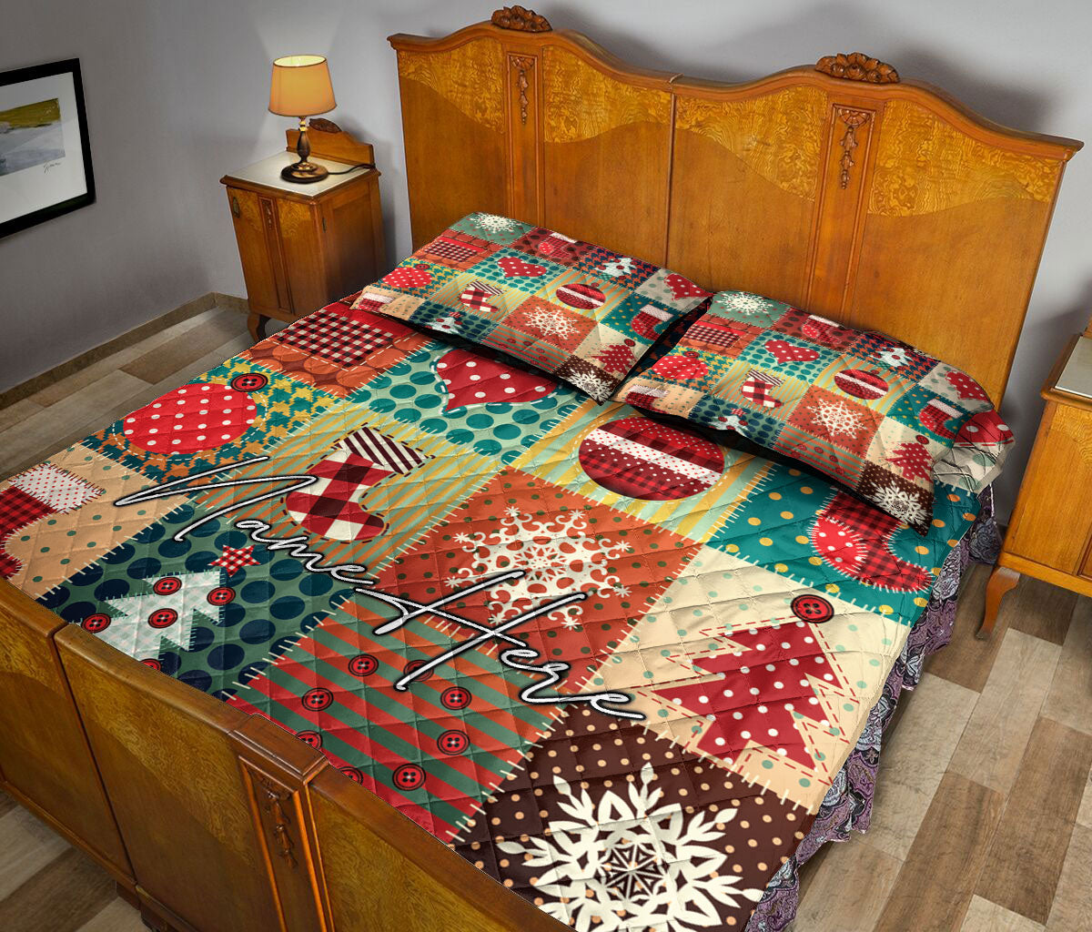 Personalized Christmas Quilt Set, Cozymas Patchwork Xmas Winter Quilt Blanket With Pillowcases, Custom Name Quilt Bedding Set, Christmas Gift