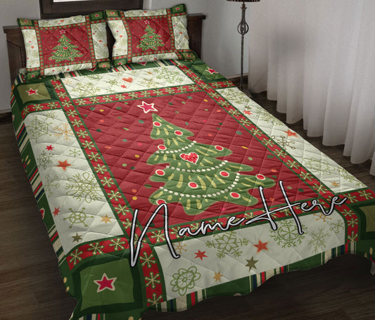 Personalized Christmas Quilt Set, Christmas Tree Snowflakes Patchwork Quilt Blanket With Pillowcases, Custom Name Quilt Bedding Set, Christmas Gift