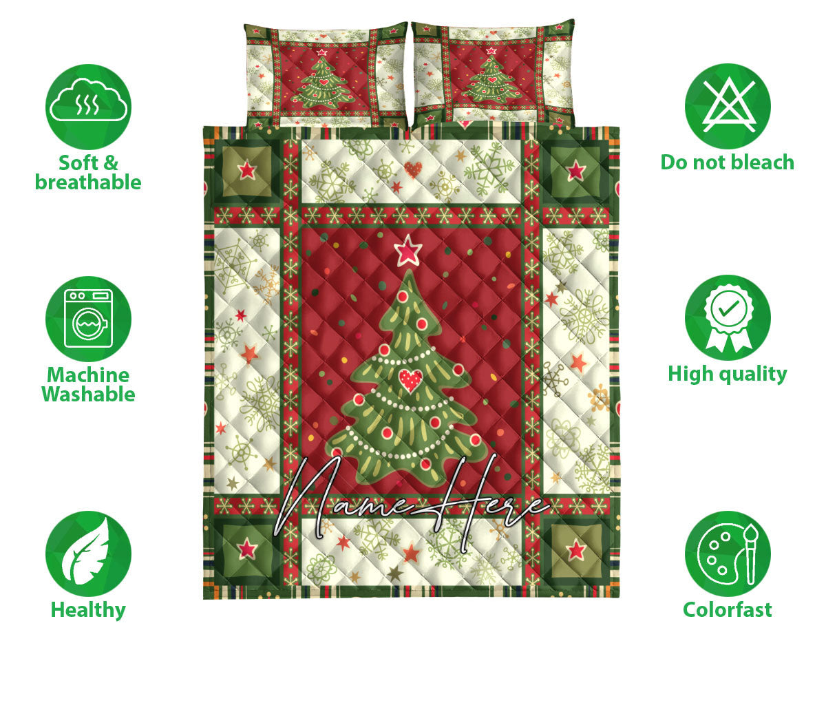 Personalized Christmas Quilt Set, Christmas Tree Snowflakes Patchwork Quilt Blanket With Pillowcases, Custom Name Quilt Bedding Set, Christmas Gift