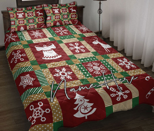 Personalized Christmas Quilt Set, Christmas Patchwork Snowflake Xmas Quilt Blanket With Pillowcases, Custom Name Quilt Bedding Set, Christmas Gift
