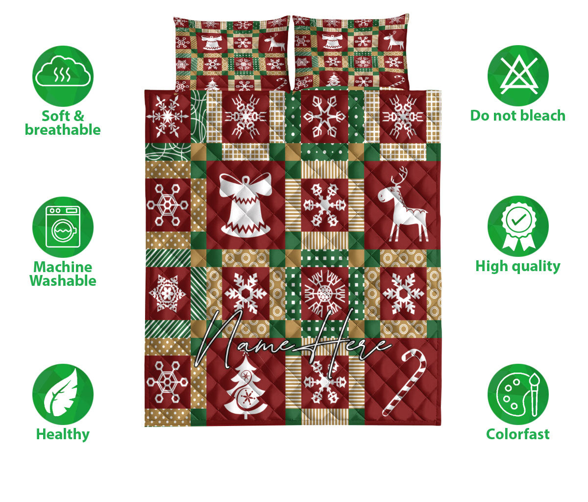 Personalized Christmas Quilt Set, Christmas Patchwork Snowflake Xmas Quilt Blanket With Pillowcases, Custom Name Quilt Bedding Set, Christmas Gift