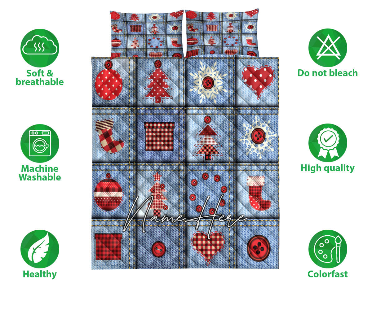 Personalized Christmas Quilt Set, Christmas Jean Patchwork Xmas Holiday Quilt Blanket With Pillowcases, Custom Name Quilt Bedding Set, Christmas Gift