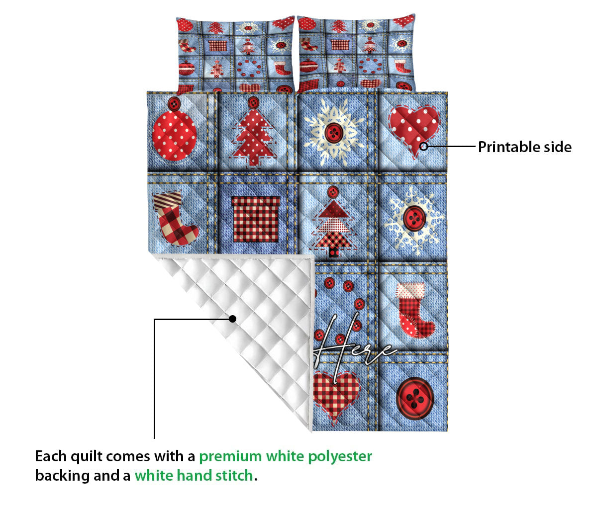 Personalized Christmas Quilt Set, Christmas Jean Patchwork Xmas Holiday Quilt Blanket With Pillowcases, Custom Name Quilt Bedding Set, Christmas Gift