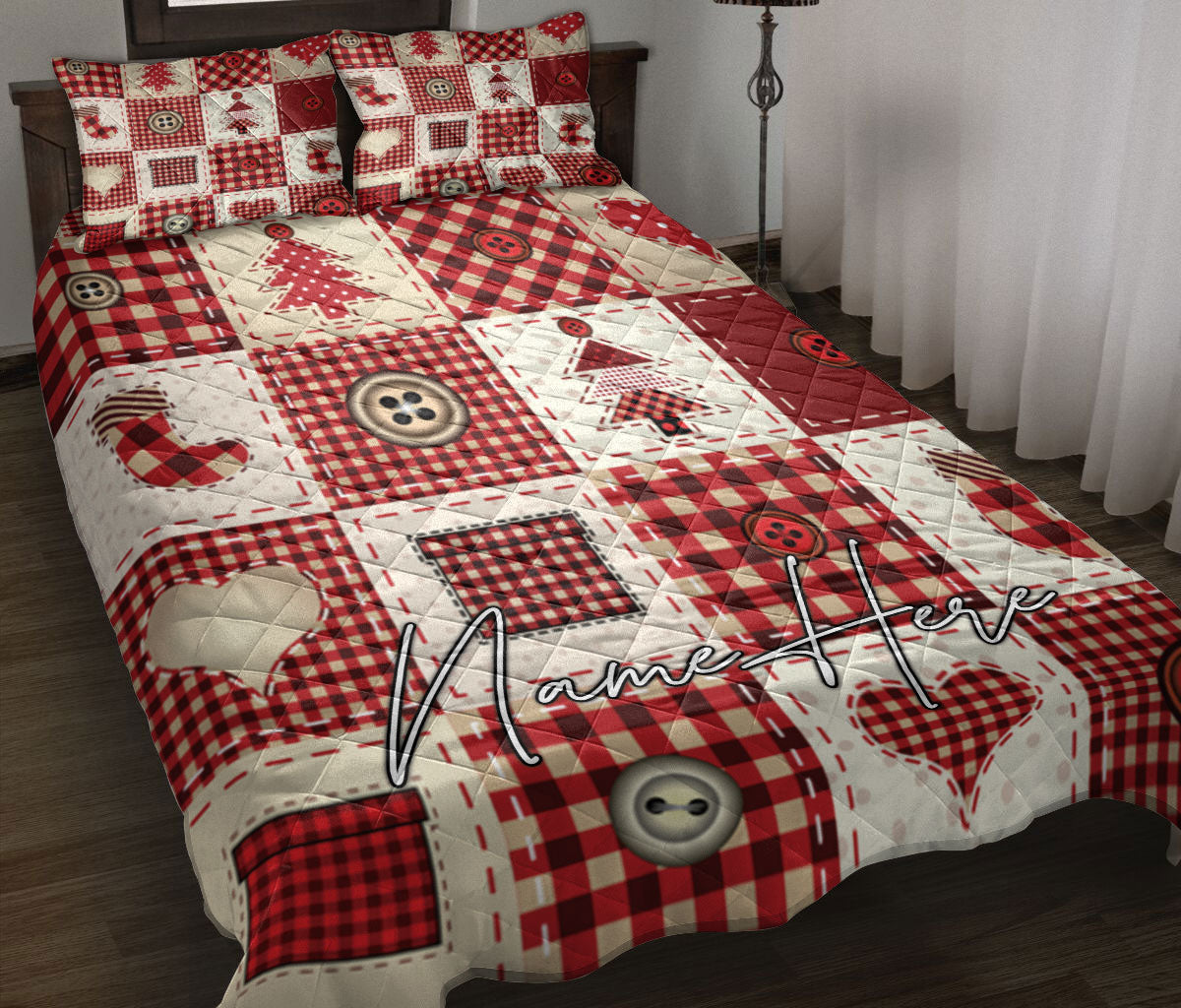 Personalized Christmas Quilt Set, Christmas Patchwork Red Xmas Winter Quilt Blanket With Pillowcases, Custom Name Quilt Bedding Set, Christmas Gift