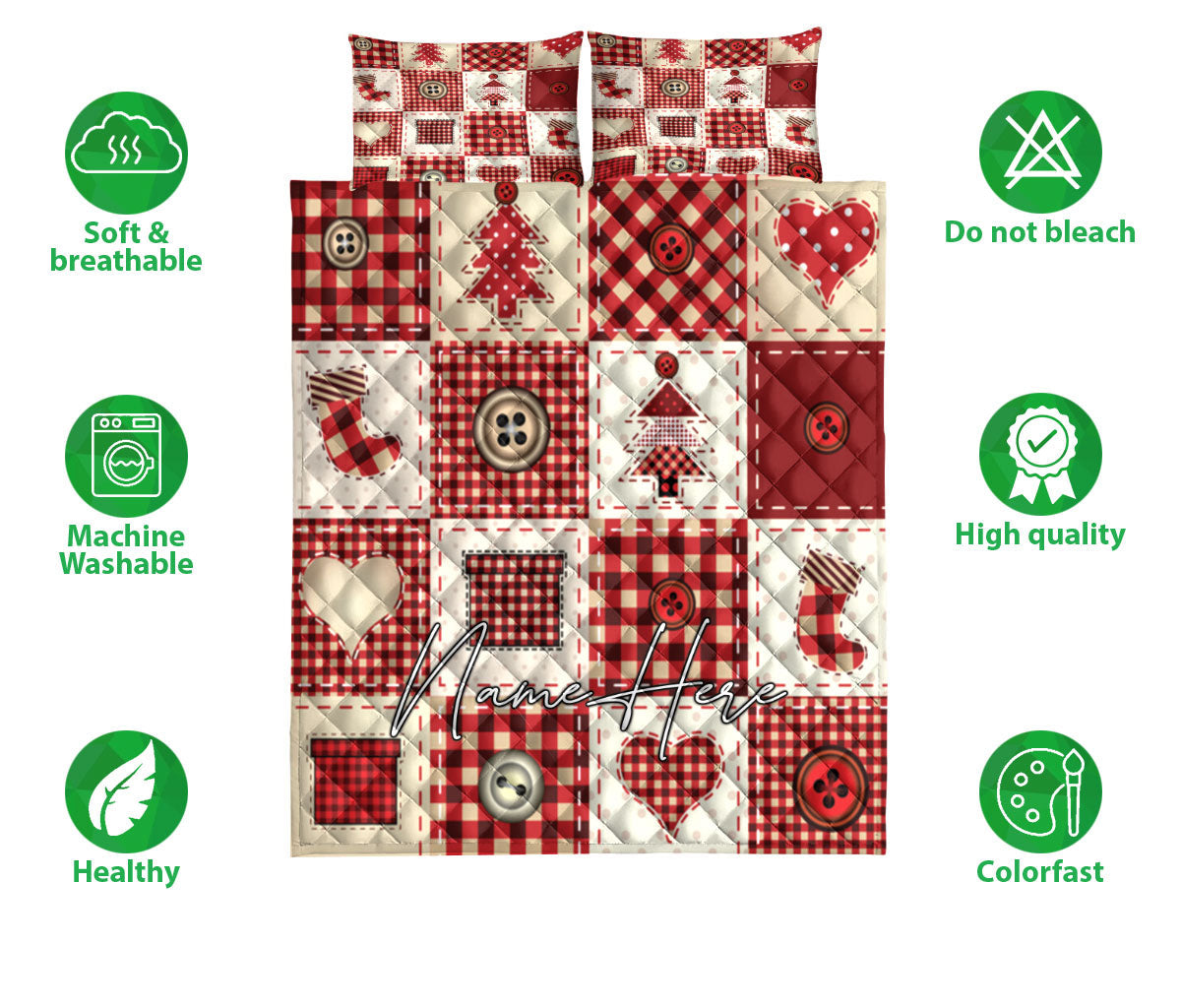 Personalized Christmas Quilt Set, Christmas Patchwork Red Xmas Winter Quilt Blanket With Pillowcases, Custom Name Quilt Bedding Set, Christmas Gift