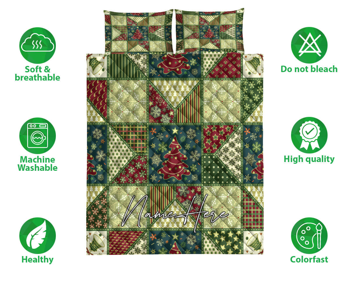 Personalized Christmas Quilt Set, Seamlessmas Patchwork Xmas Quilt Blanket With Pillowcases, Custom Name Quilt Bedding Set, Christmas Gift