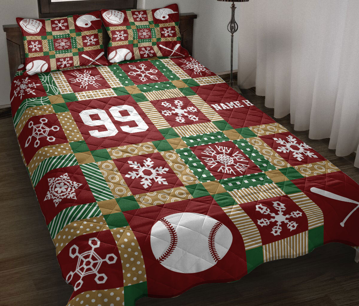 Personalized Baseball Quilt Set, Christmas Patchwork Baseball Xmas Quilt Blanket With Pillowcases, Quilt Bedding Set