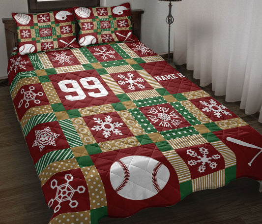 Personalized Baseball Quilt Set, Christmas Patchwork Baseball Xmas Quilt Blanket With Pillowcases, Quilt Bedding Set
