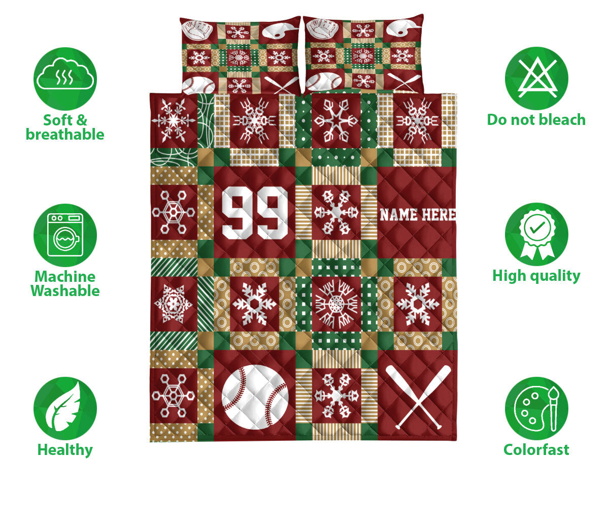 Personalized Baseball Quilt Set, Christmas Patchwork Baseball Xmas Quilt Blanket With Pillowcases, Quilt Bedding Set