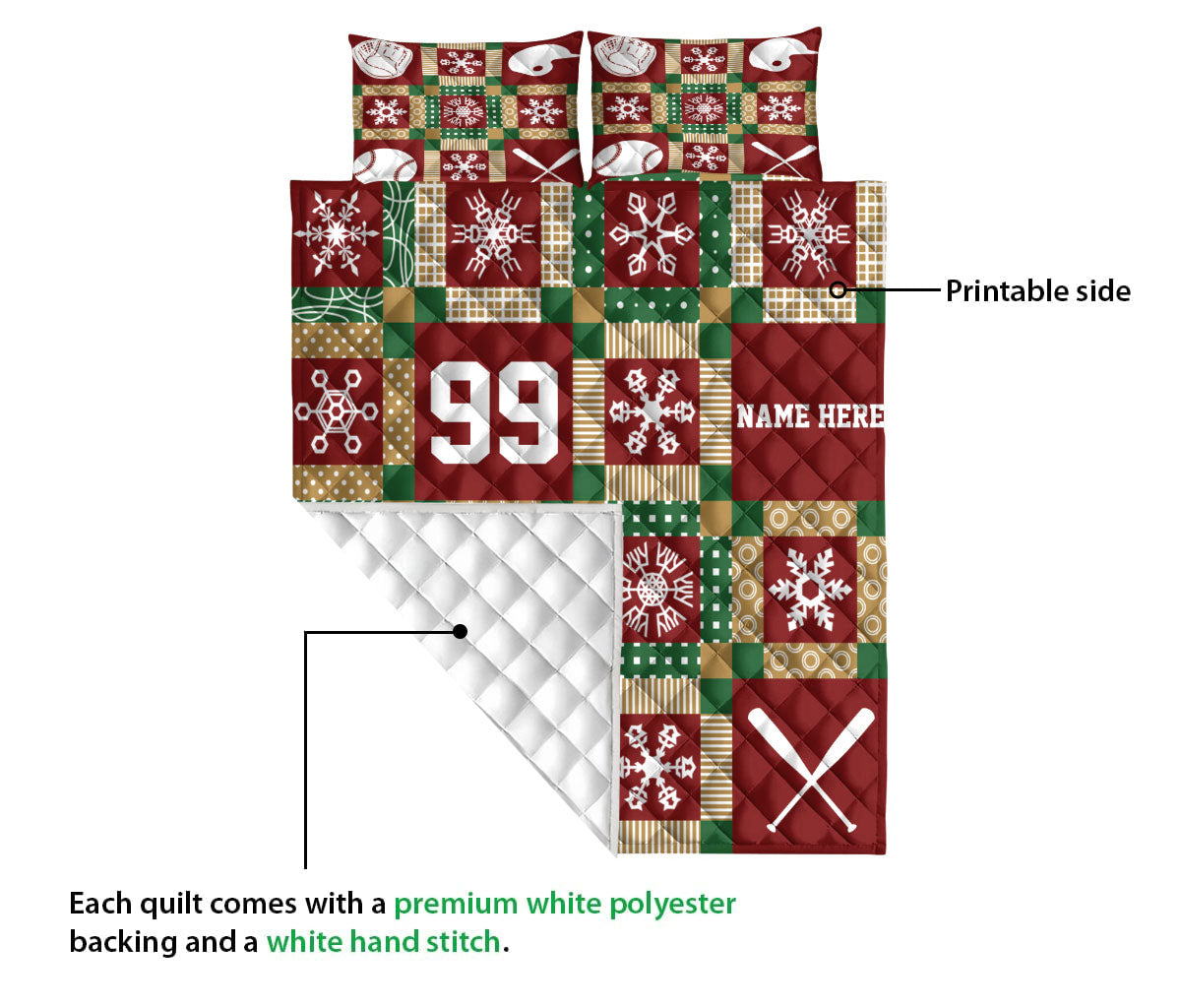 Personalized Baseball Quilt Set, Christmas Patchwork Baseball Xmas Quilt Blanket With Pillowcases, Quilt Bedding Set