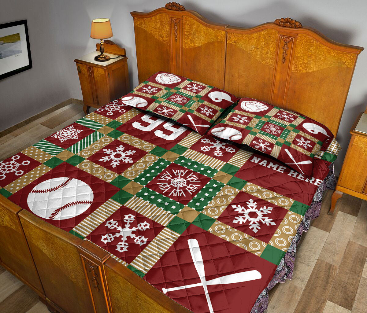 Personalized Baseball Quilt Set, Christmas Patchwork Baseball Xmas Quilt Blanket With Pillowcases, Quilt Bedding Set