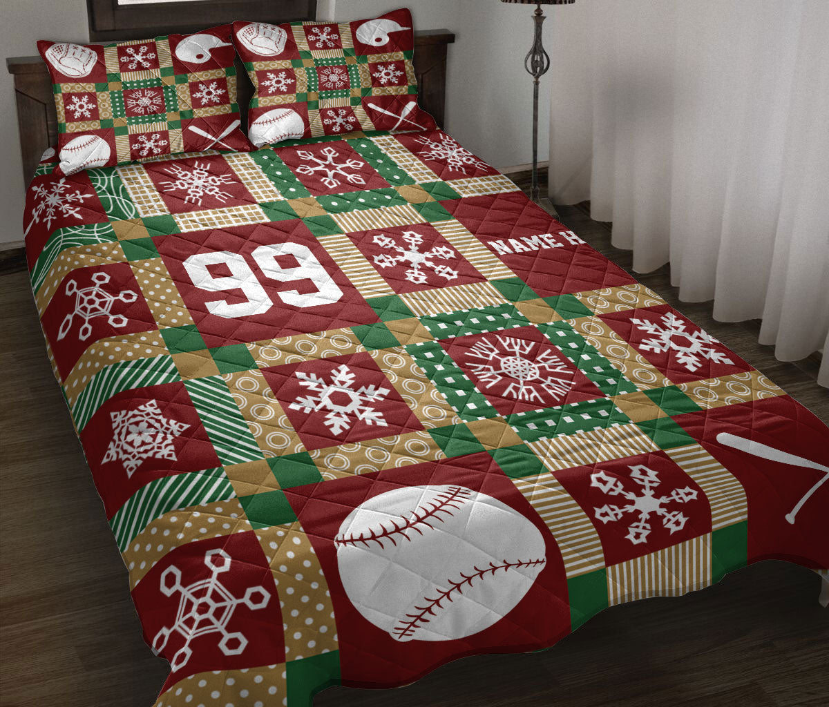 Personalized Softball Quilt Set, Christmas Patchwork Softball Xmas Quilt Blanket With Pillowcases, Quilt Bedding Set