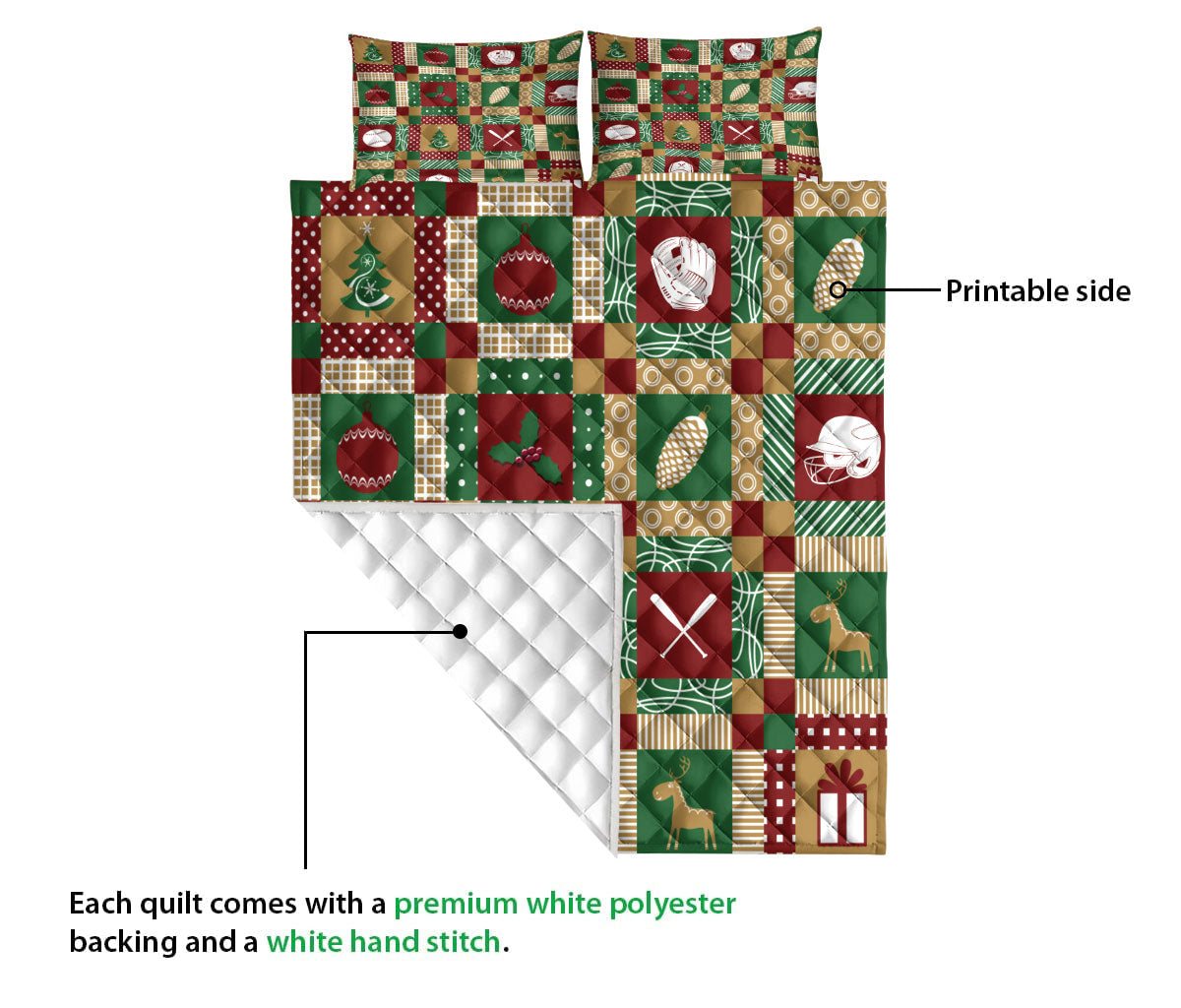 Personalized Softball Quilt Set, Christmas Patchwork Softball Xmas Quilt Blanket With Pillowcases, Custom Name Quilt Bedding Set, Christmas Gift