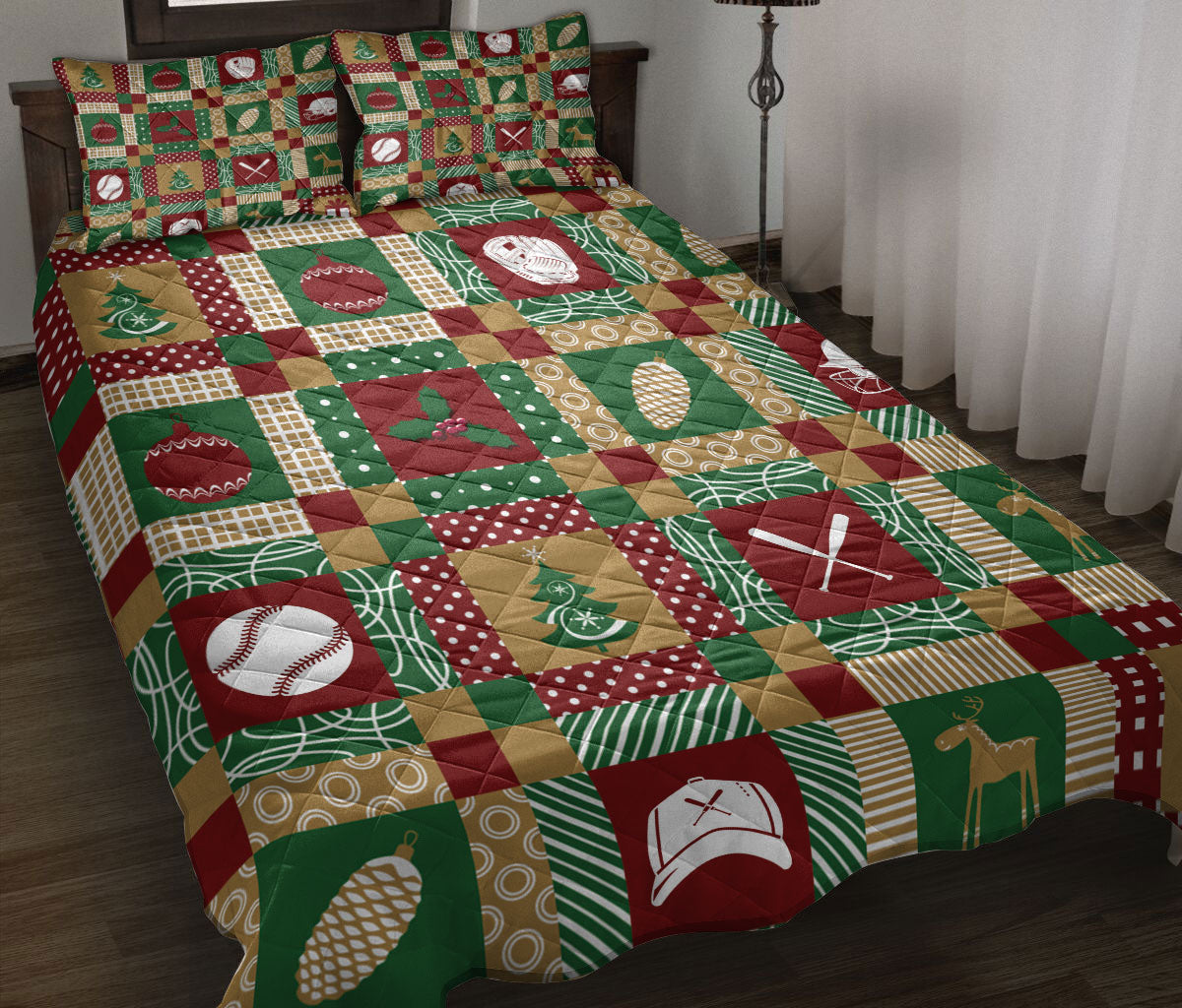 Baseball Quilt Set, Christmas Baseball Patchwork Xmas Winter Holiday Quilt Blanket With Pillowcases, Quilt Bedding Set, Christmas Gift, Sports Gifts