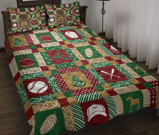 Baseball Quilt Set, Christmas Baseball Patchwork Xmas Winter Holiday Quilt Blanket With Pillowcases, Quilt Bedding Set, Christmas Gift, Sports Gifts