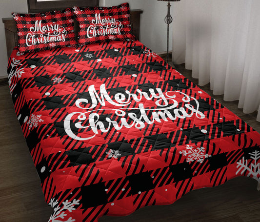 Christmas Quilt Set, Merrymas Snowflake Red Buffalo Check Xmas Winter Quilt Blanket With Pillowcases, Quilt Bedding Set, Christmas Gift