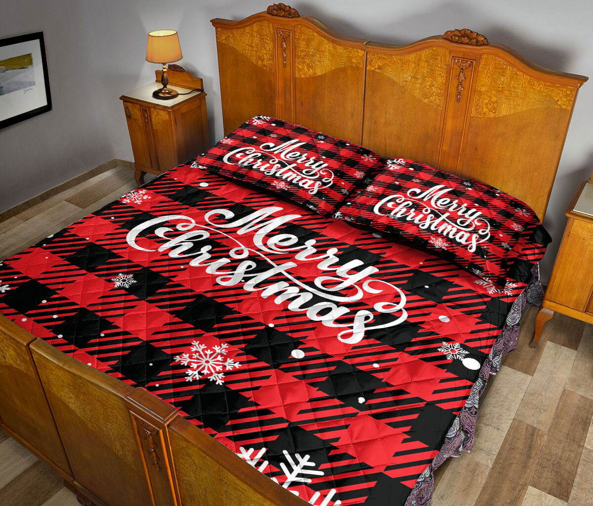 Christmas Quilt Set, Merrymas Snowflake Red Buffalo Check Xmas Winter Quilt Blanket With Pillowcases, Quilt Bedding Set, Christmas Gift