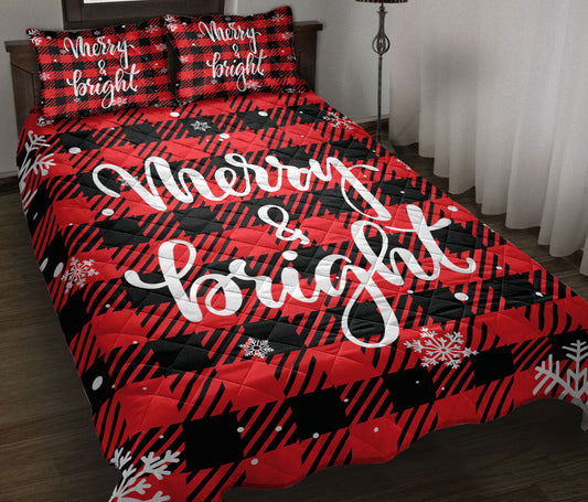 Christmas Quilt Set, Merry & Bright Snowflake Red Buffalo Plaid Checkmas Quilt Blanket With Pillowcases, Quilt Bedding Set, Christmas Gift