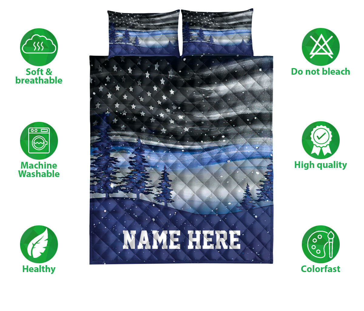 Personalized Police Quilt Set, Christmas Thin Blue Line Police Xmas Quilt Blanket With Pillowcases, Custom Name Quilt Bedding Set, Christmas Gift