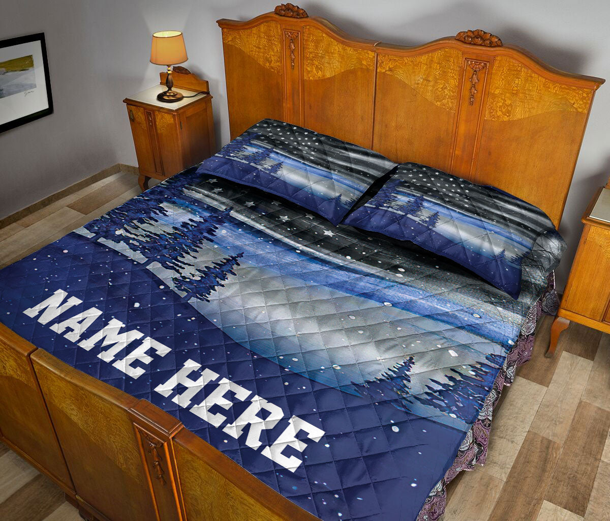 Personalized Police Quilt Set, Christmas Thin Blue Line Police Xmas Quilt Blanket With Pillowcases, Custom Name Quilt Bedding Set, Christmas Gift