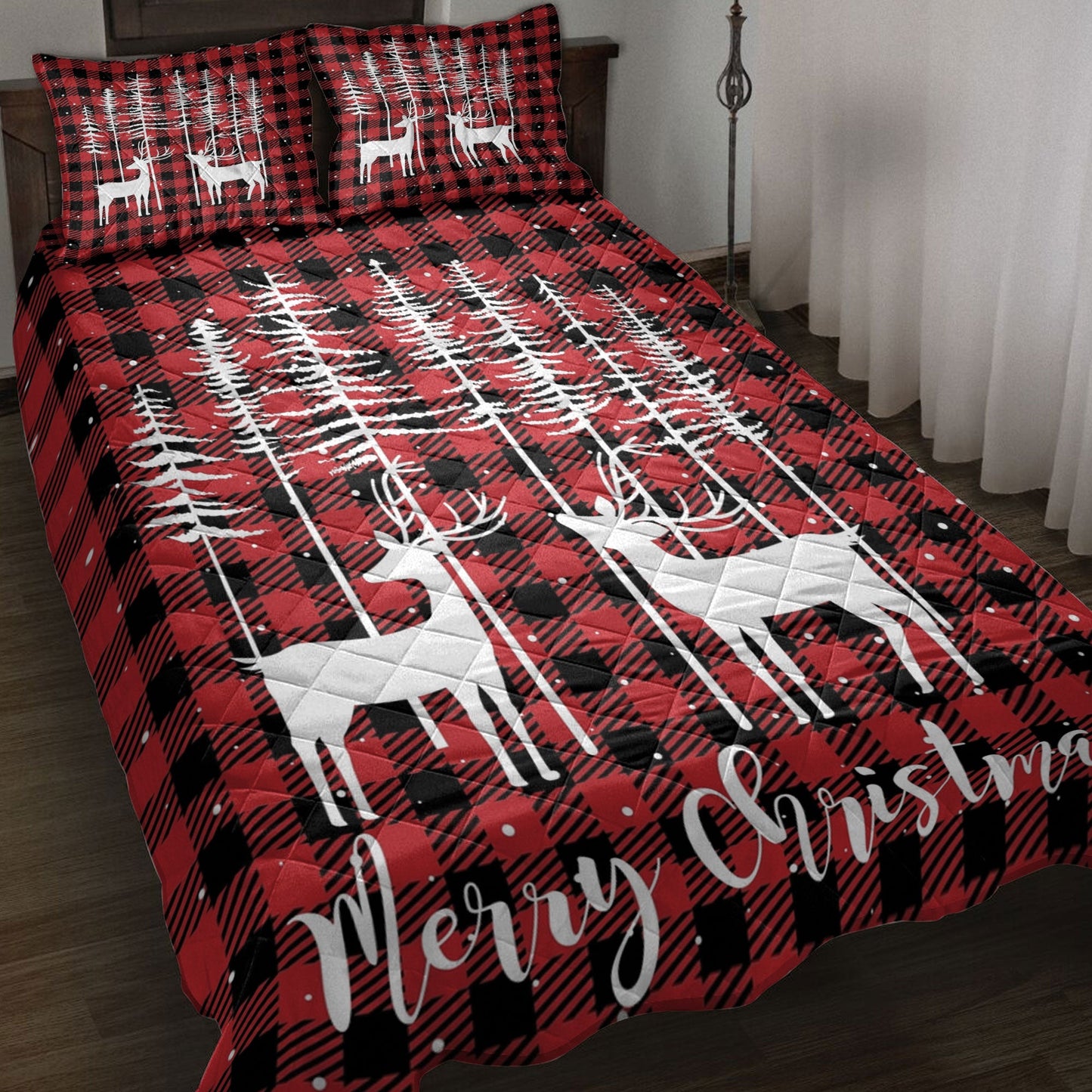 Deer Quilt Set, Merrymas New Yearmas Tree With Deer Red Buffalo Plaid Quilt Blanket With Pillowcases, Quilt Bedding Set, Christmas Gift