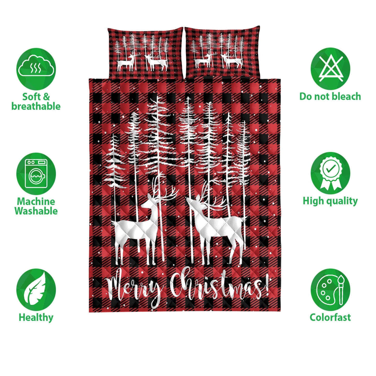 Deer Quilt Set, Merrymas New Yearmas Tree With Deer Red Buffalo Plaid Quilt Blanket With Pillowcases, Quilt Bedding Set, Christmas Gift